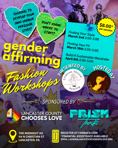 Gender Affirming Fashion Workshop with Crimson Thread, Prism Thrift, and LCCL